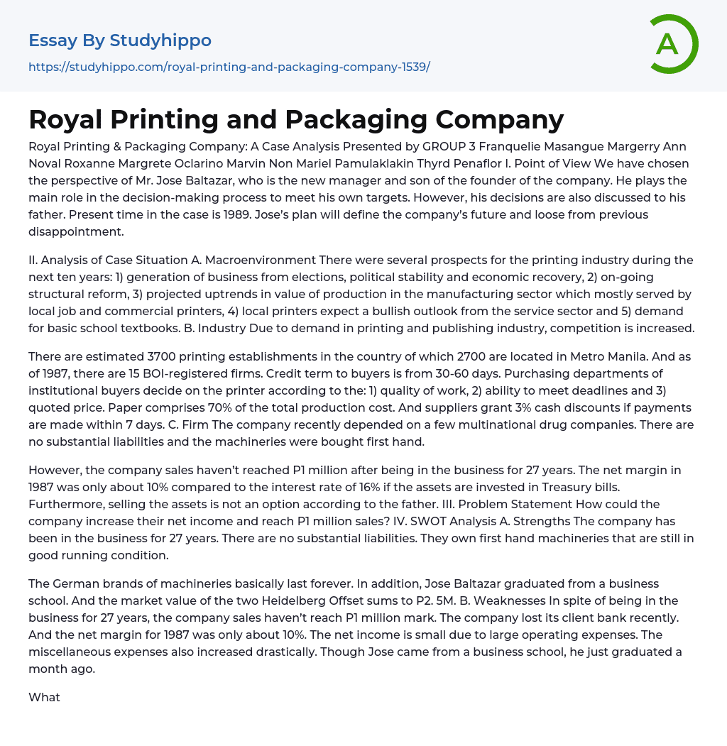 Royal Printing and Packaging Company Essay Example