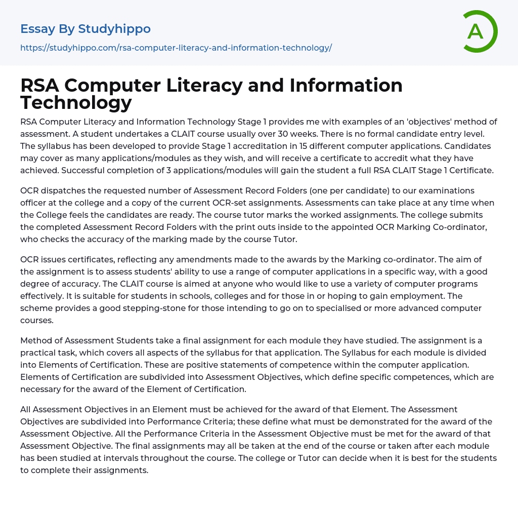 RSA Computer Literacy and Information Technology Essay Example
