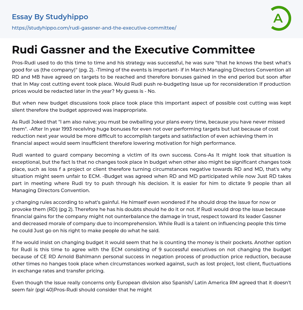 Rudi Gassner and the Executive Committee Essay Example