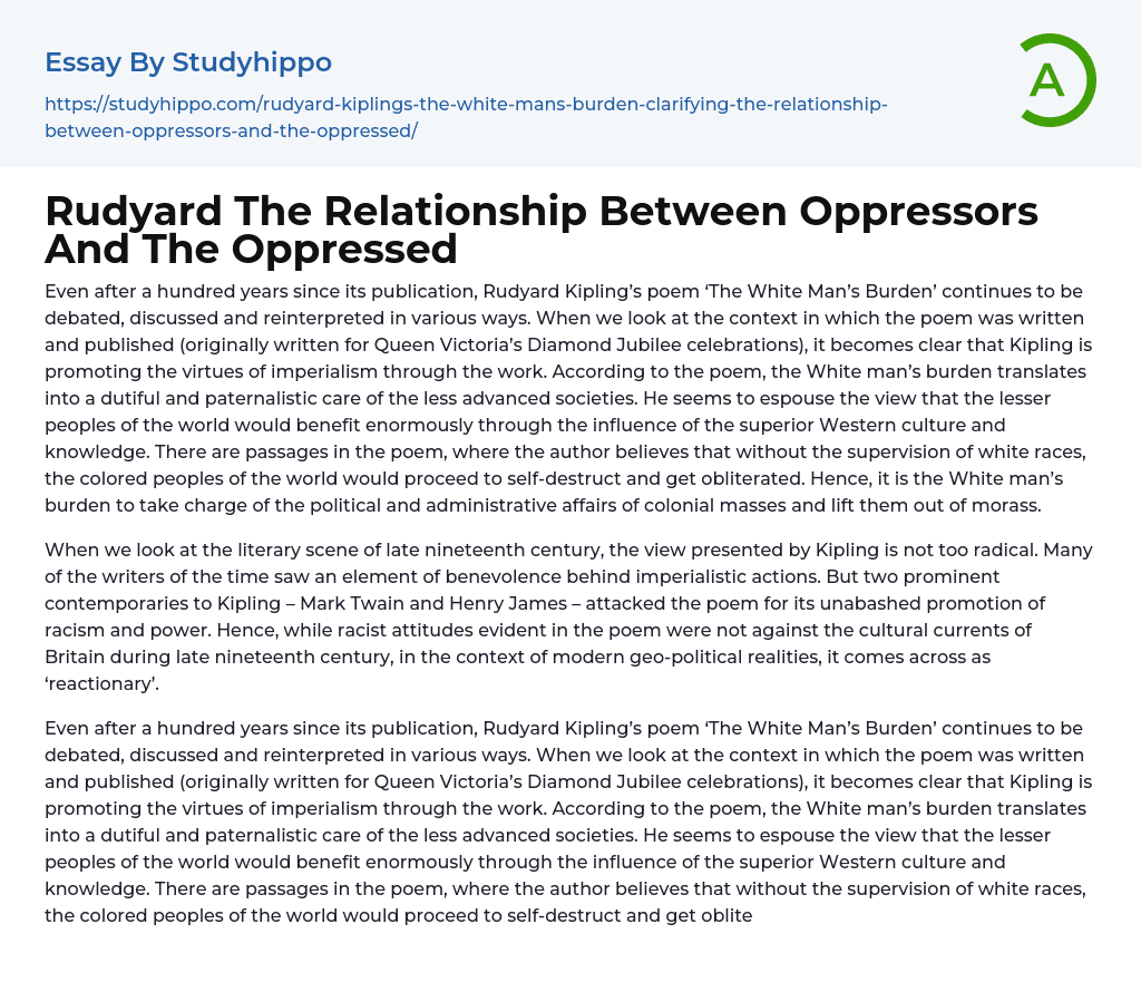 Rudyard The Relationship Between Oppressors And The Oppressed Essay Example