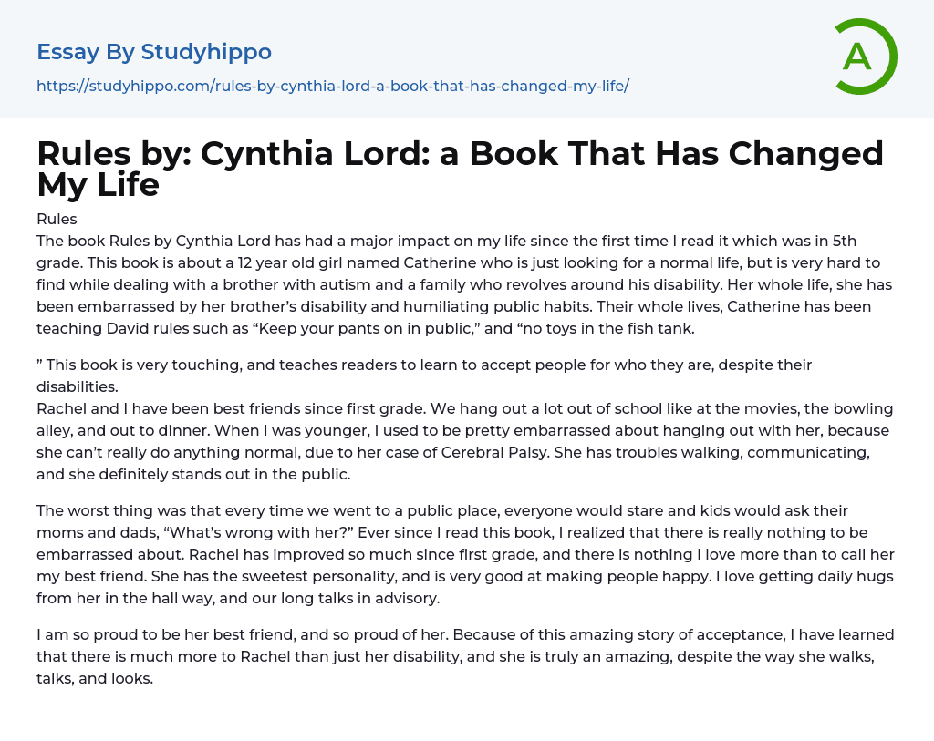 Rules by: Cynthia Lord: a Book That Has Changed My Life Essay Example