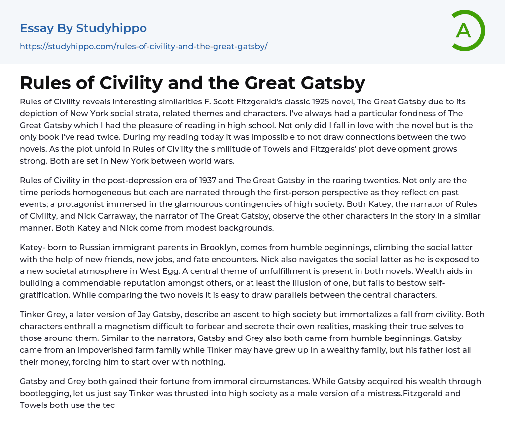 Rules of Civility and the Great Gatsby Essay Example