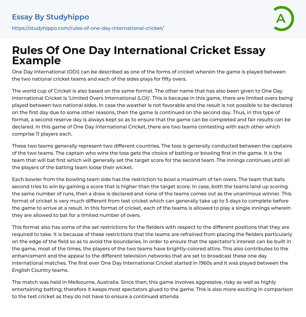 Rules Of One Day International Cricket Essay Example