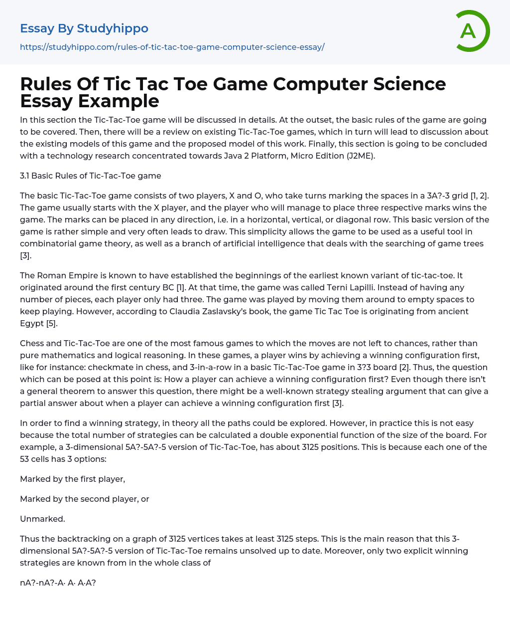 Rules Of Tic Tac Toe Game Computer Science Essay Example