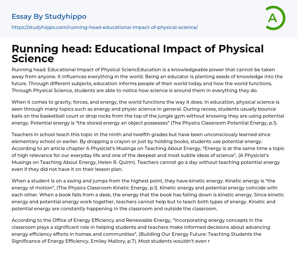 Running head: Educational Impact of Physical Science Essay Example
