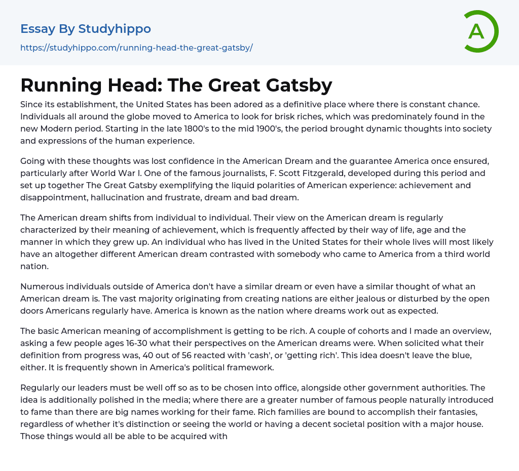 Running Head: The Great Gatsby Essay Example