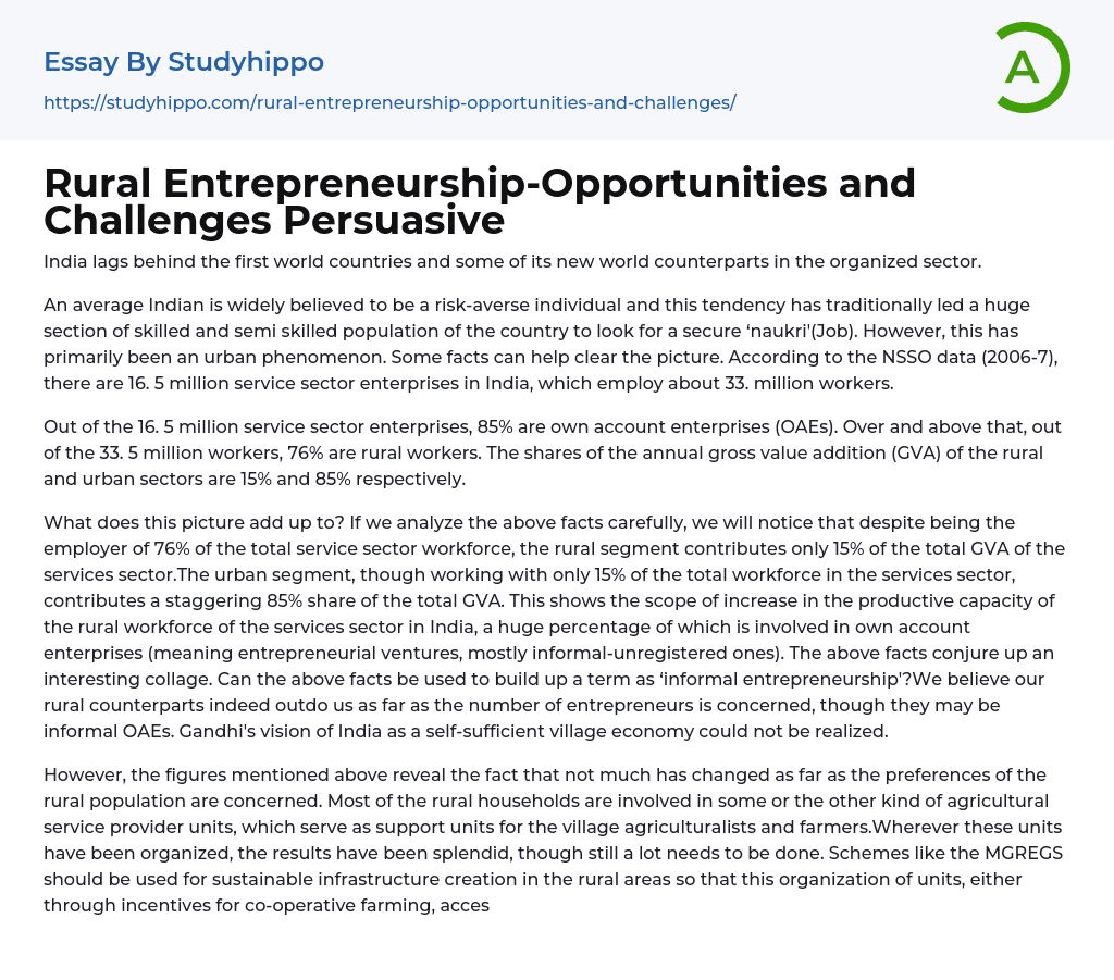 Rural Entrepreneurship-Opportunities and Challenges Persuasive Essay Example