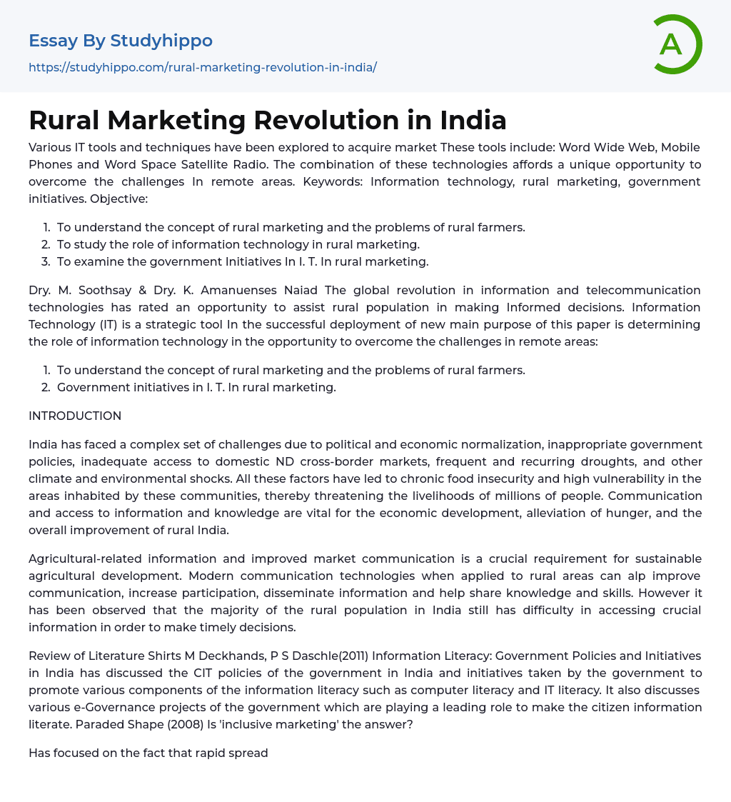 Rural Marketing Revolution in India Essay Example