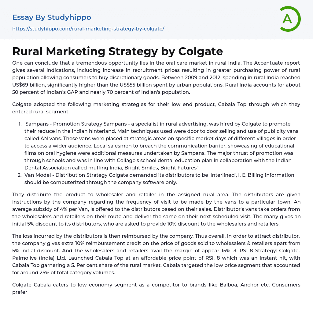 Rural Marketing Strategy by Colgate Essay Example