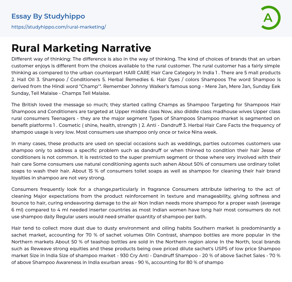 Rural Marketing Narrative Essay Example