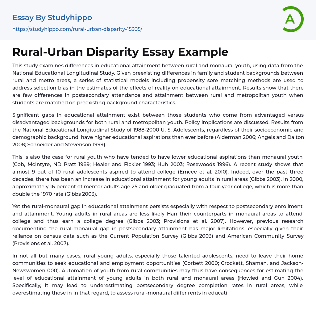 Rural-Urban Disparity Essay Example