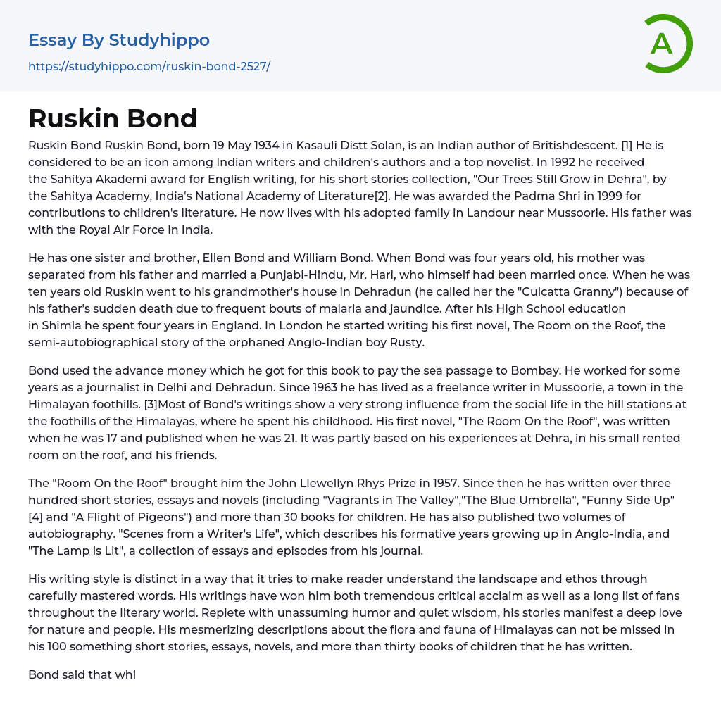 Ruskin Bond Essay Example