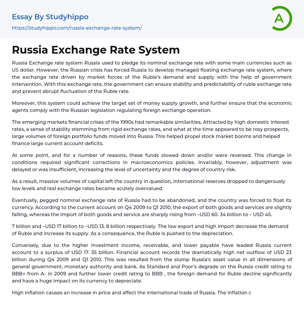 Russia Exchange Rate System Essay Example