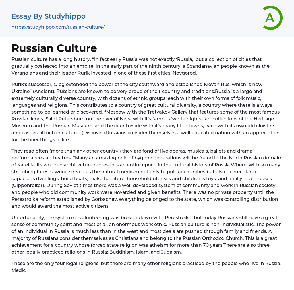Russian Culture Essay Example