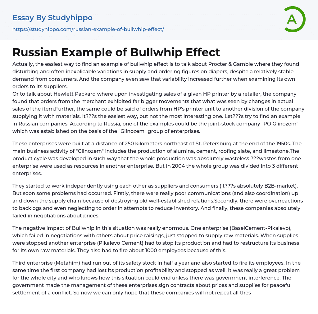 Russian Example of Bullwhip Effect Essay Example
