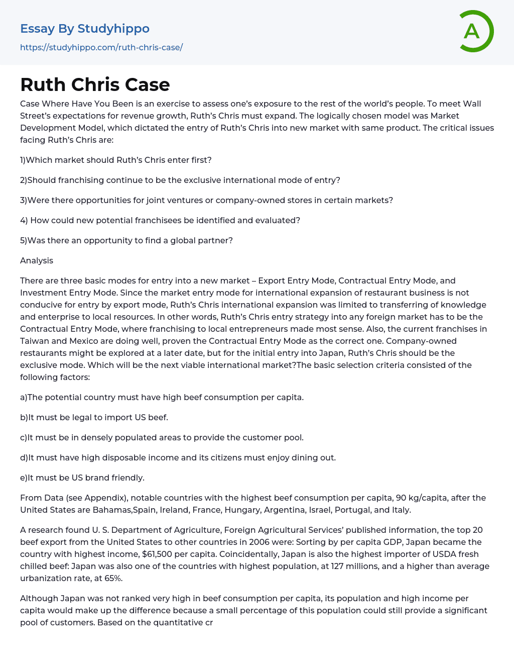 Ruth Chris Case Essay Example