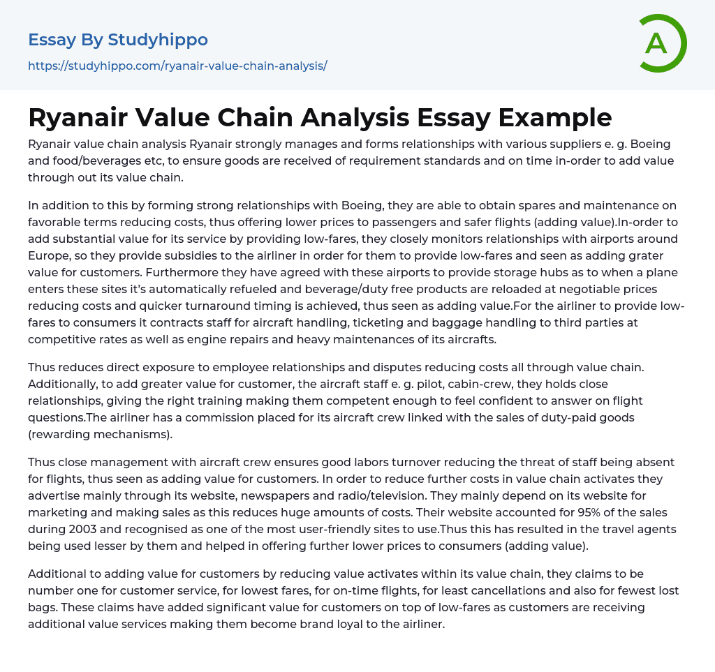 Ryanair Value Chain Analysis Essay Example