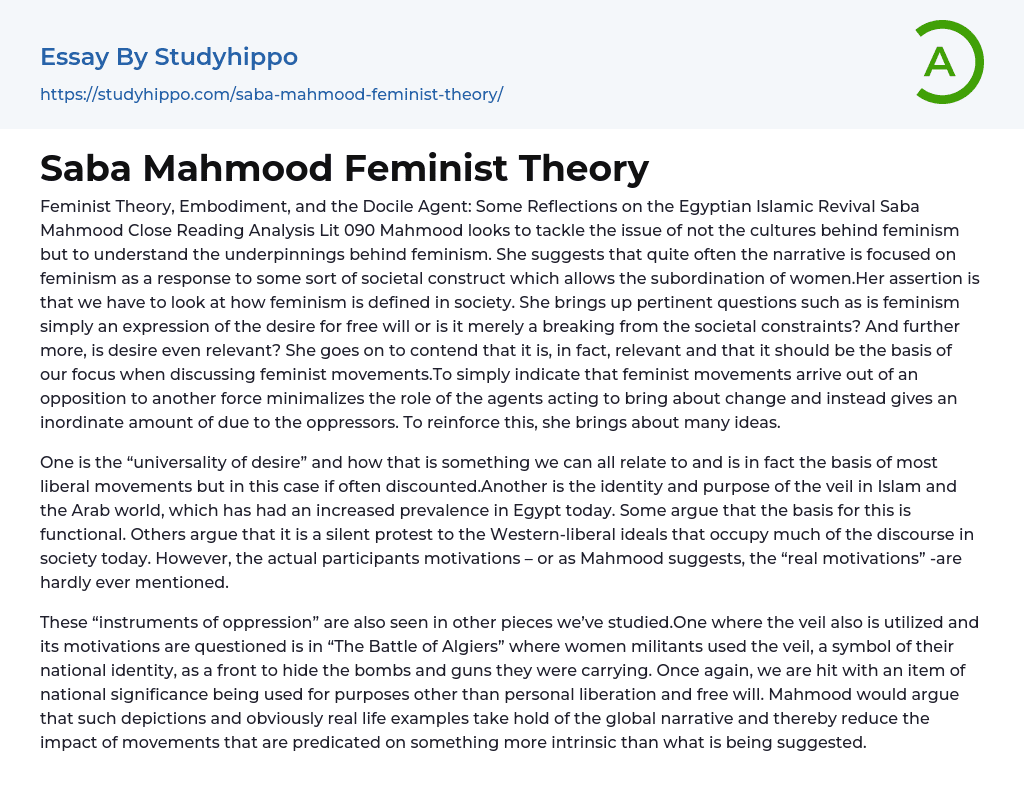 Saba Mahmood Feminist Theory Essay Example