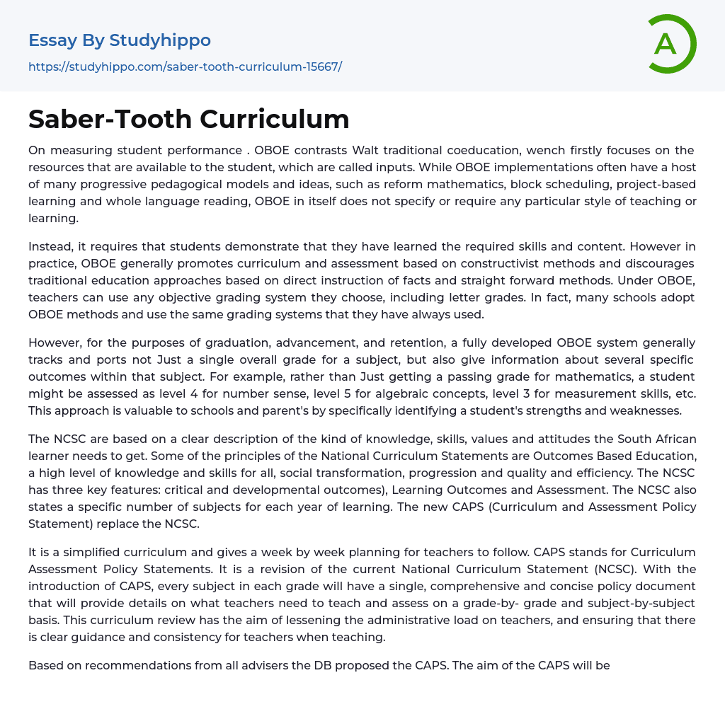 Saber-Tooth Curriculum Essay Example