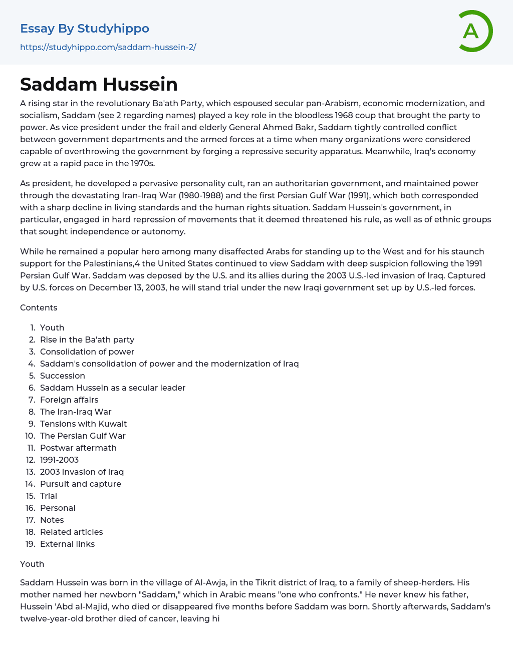 Saddam Hussein Essay Example