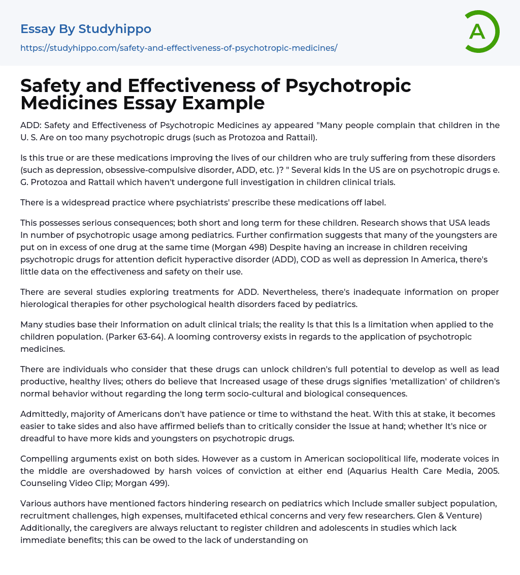 Safety and Effectiveness of Psychotropic Medicines Essay Example