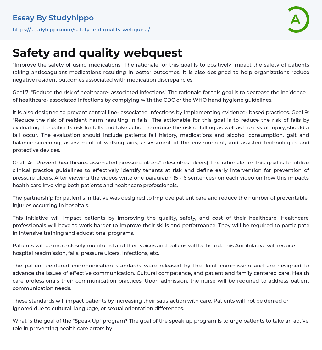 Safety and quality webquest Essay Example