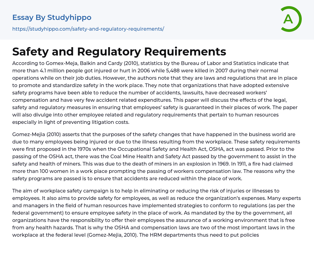Safety and Regulatory Requirements Essay Example