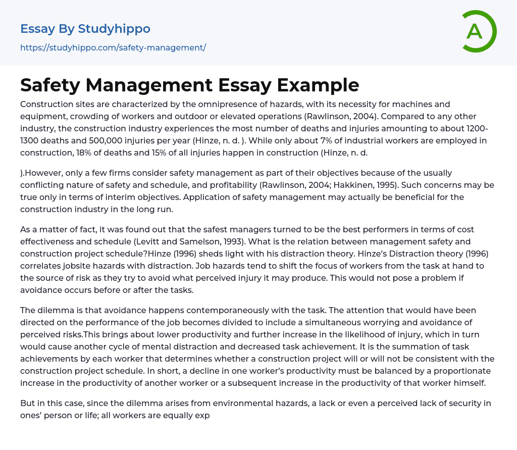 Safety Management Essay Example