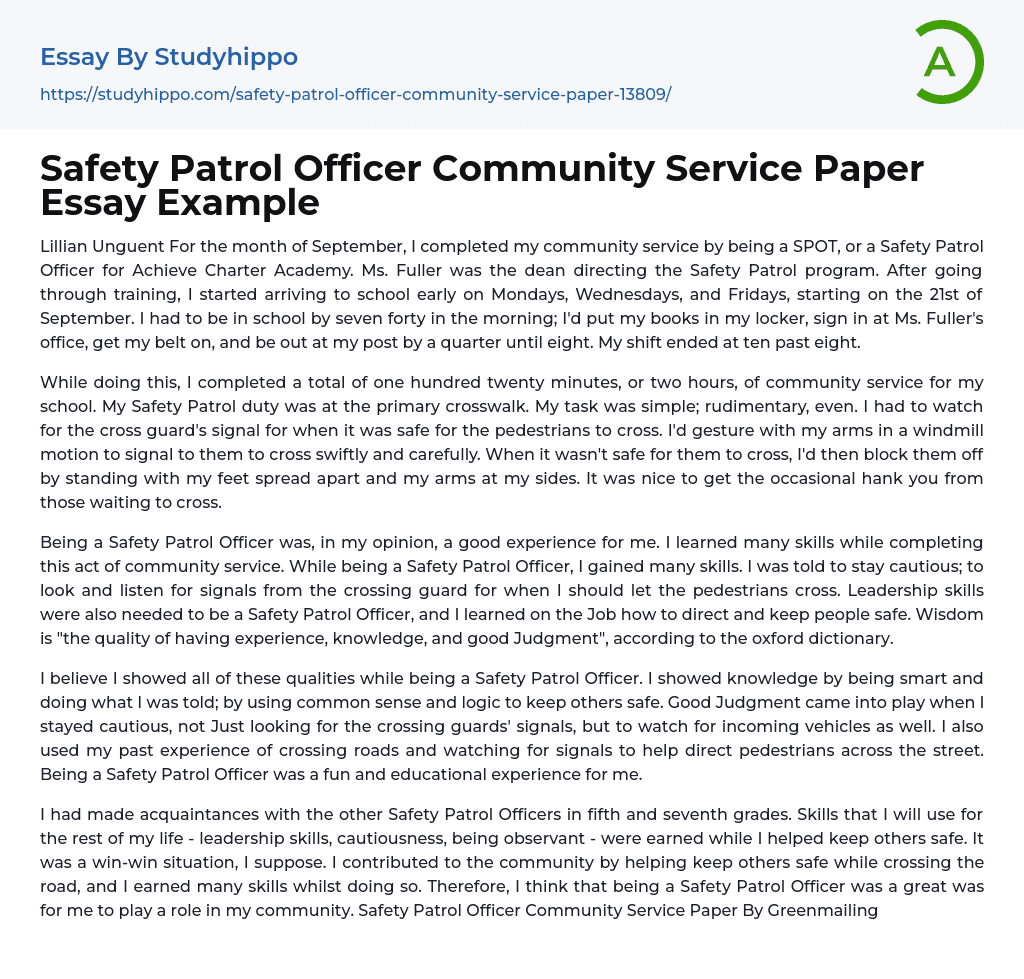 Safety Patrol Officer Community Service Paper Essay Example