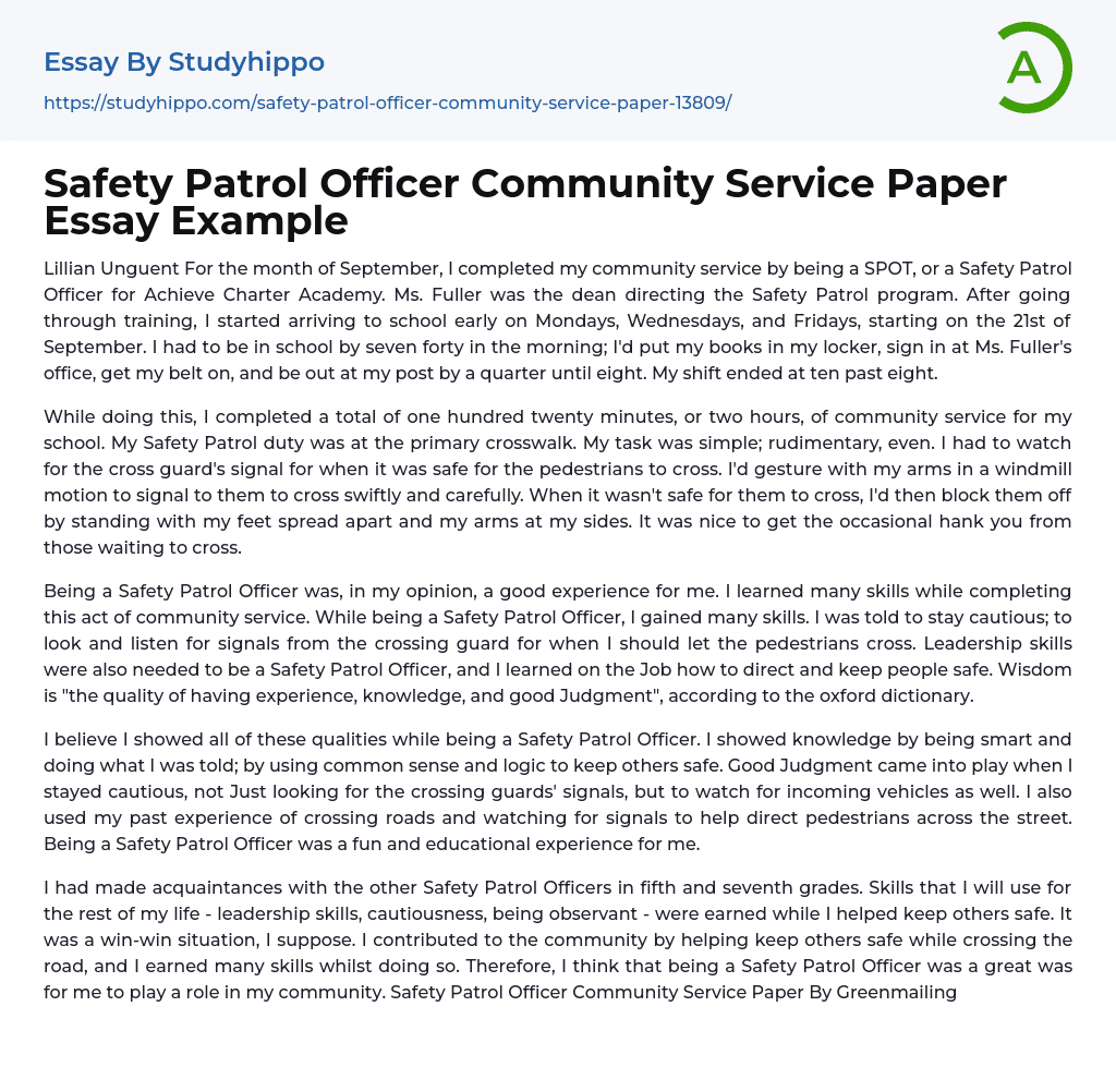 Safety Patrol Officer Community Service Paper Essay Example 