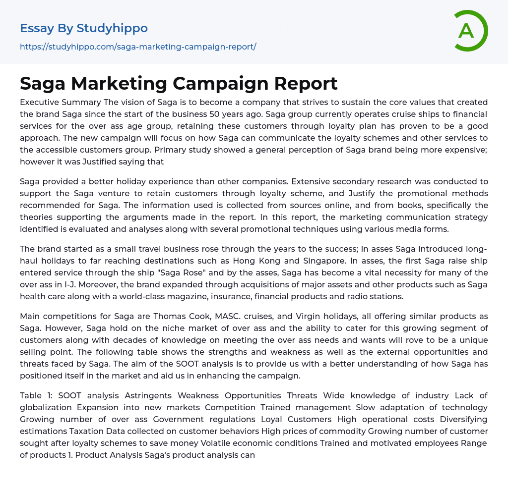 Saga Marketing Campaign Report Essay Example