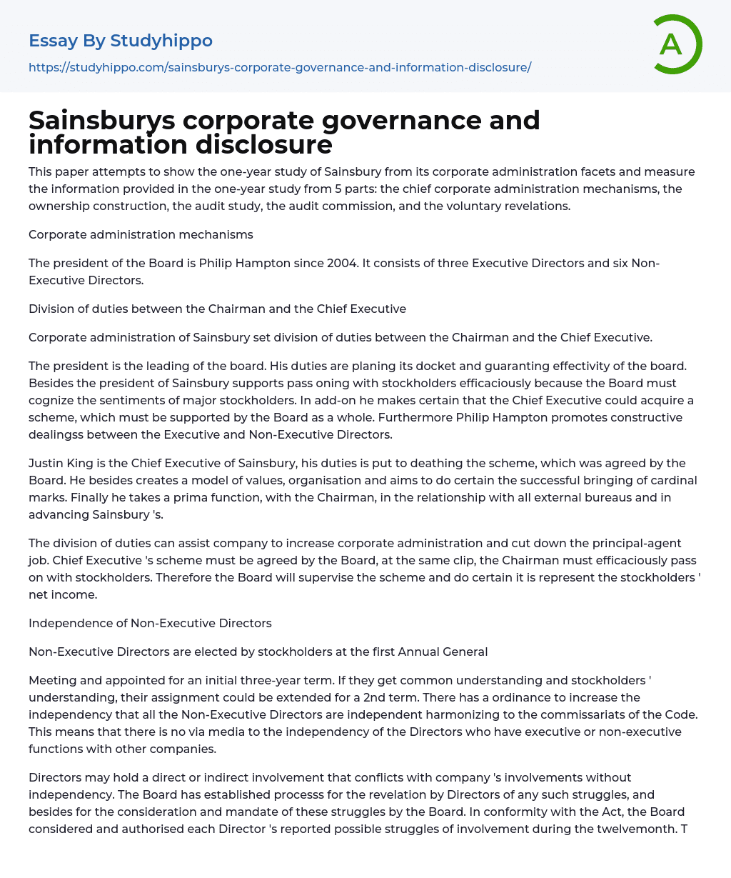 Sainsburys corporate governance and information disclosure Essay Example