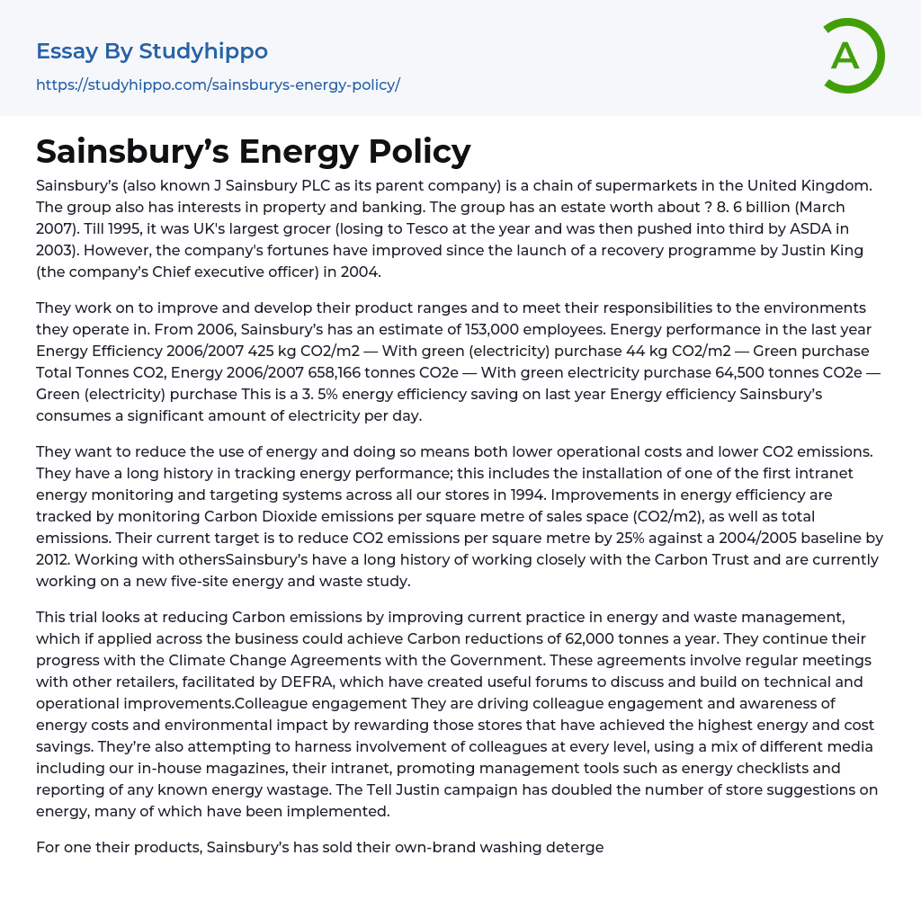 Sainsbury’s Energy Policy Essay Example