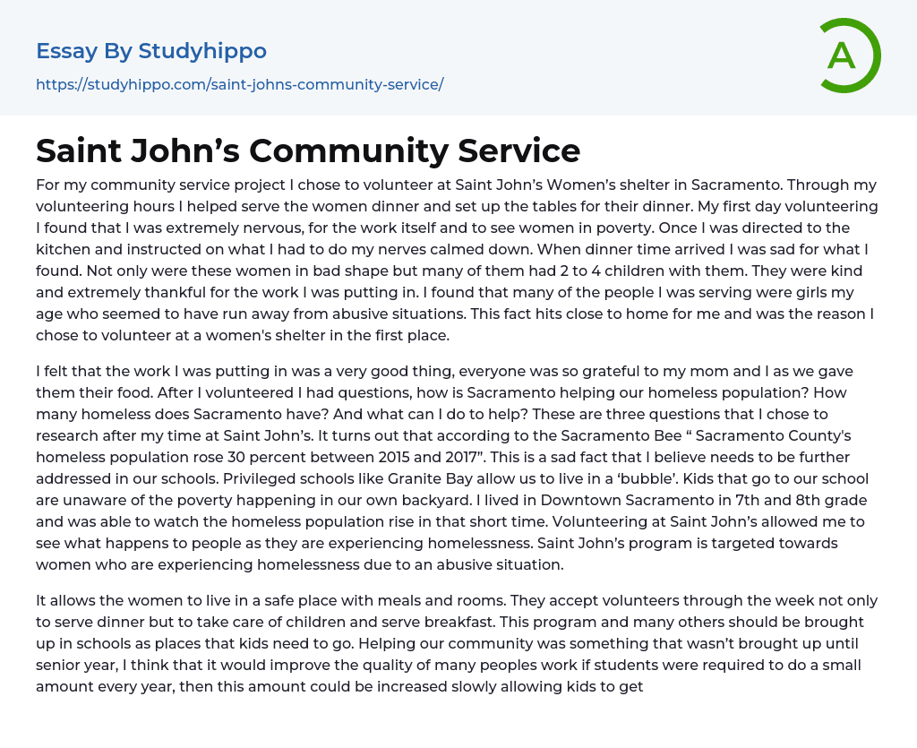 Saint John’s Community Service Essay Example
