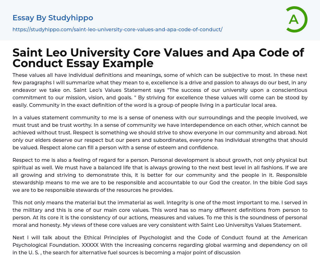 Saint Leo University Core Values and Apa Code of Conduct Essay Example