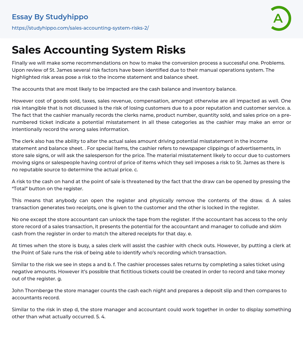 Sales Accounting System Risks Essay Example