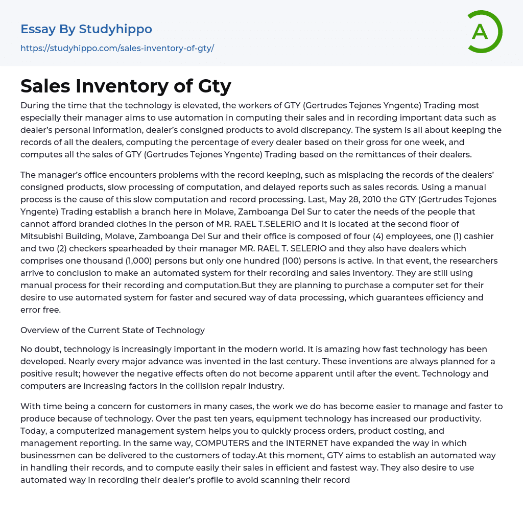 Sales Inventory of Gty Essay Example