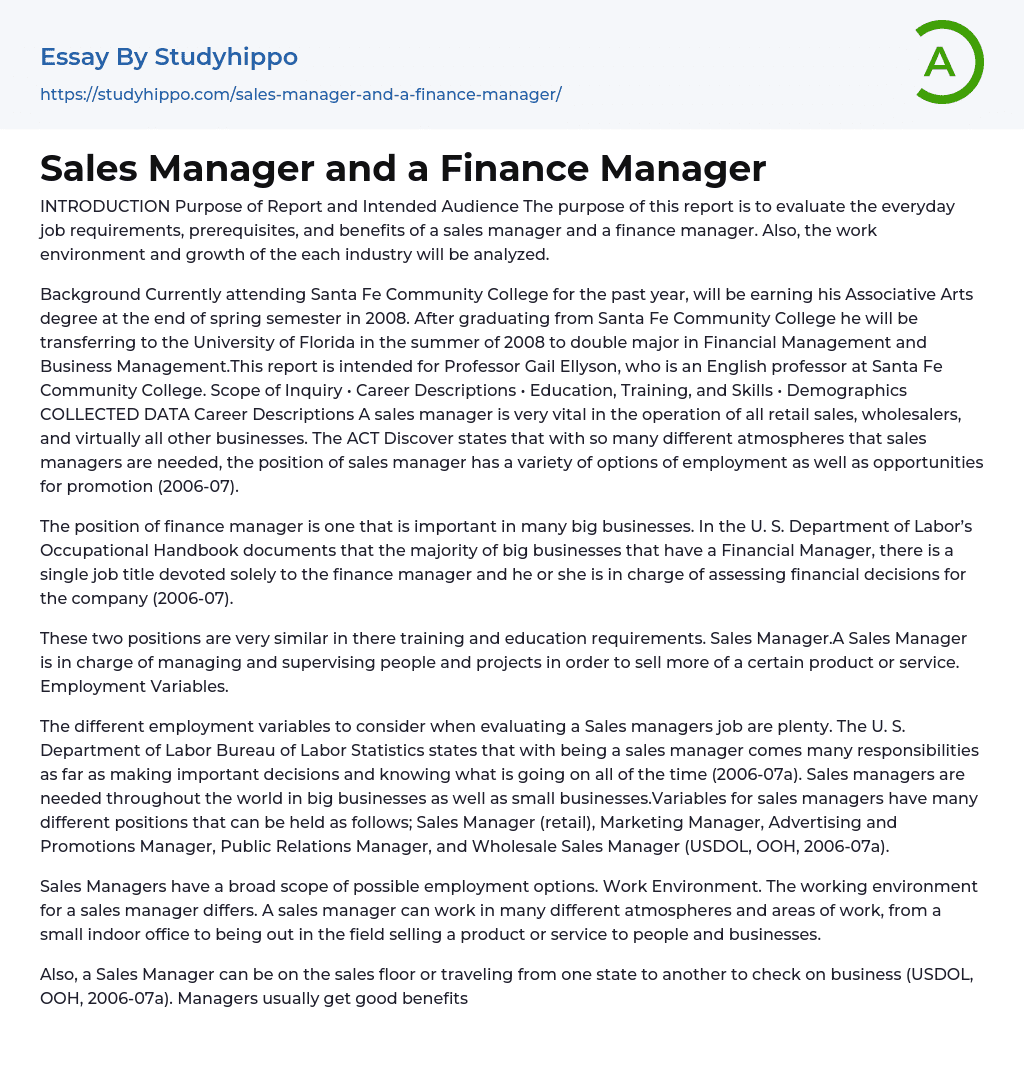 Sales Manager and a Finance Manager Essay Example