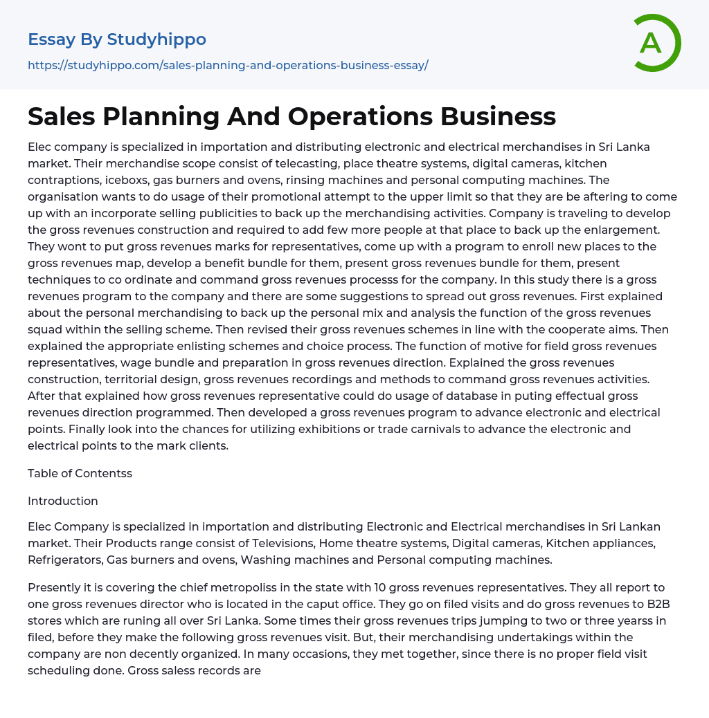 Sales Planning And Operations Business Essay Example
