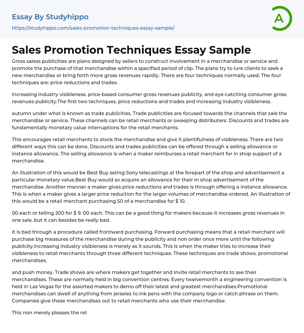 Sales Promotion Techniques Essay Sample
