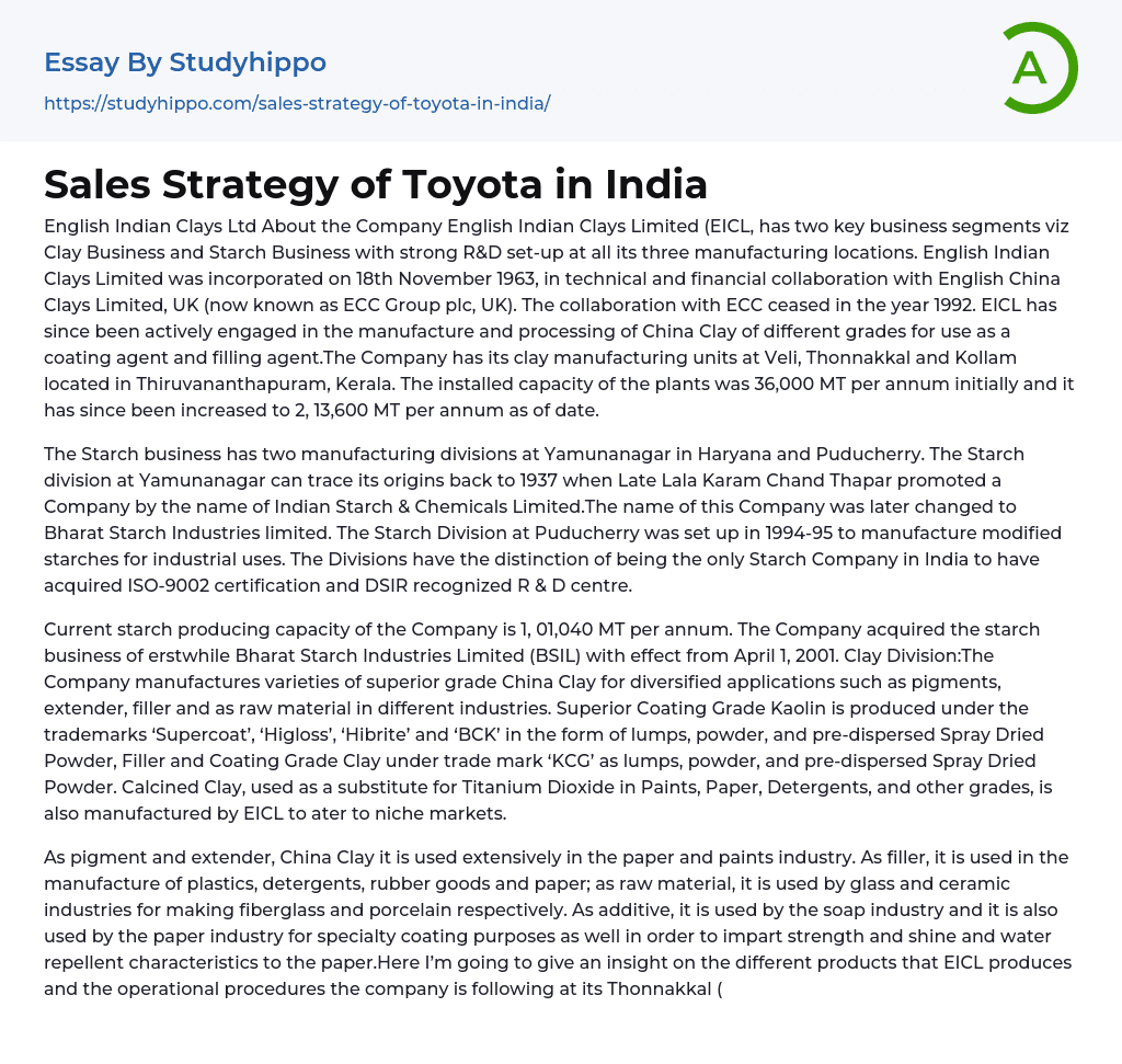 Sales Strategy of Toyota in India Essay Example