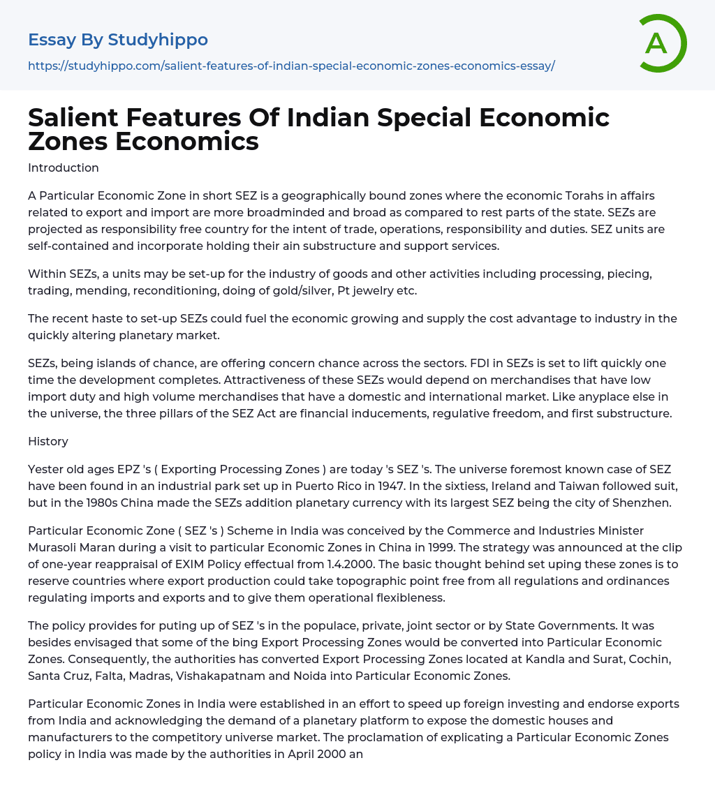Salient Features Of Indian Special Economic Zones Economics Essay Example