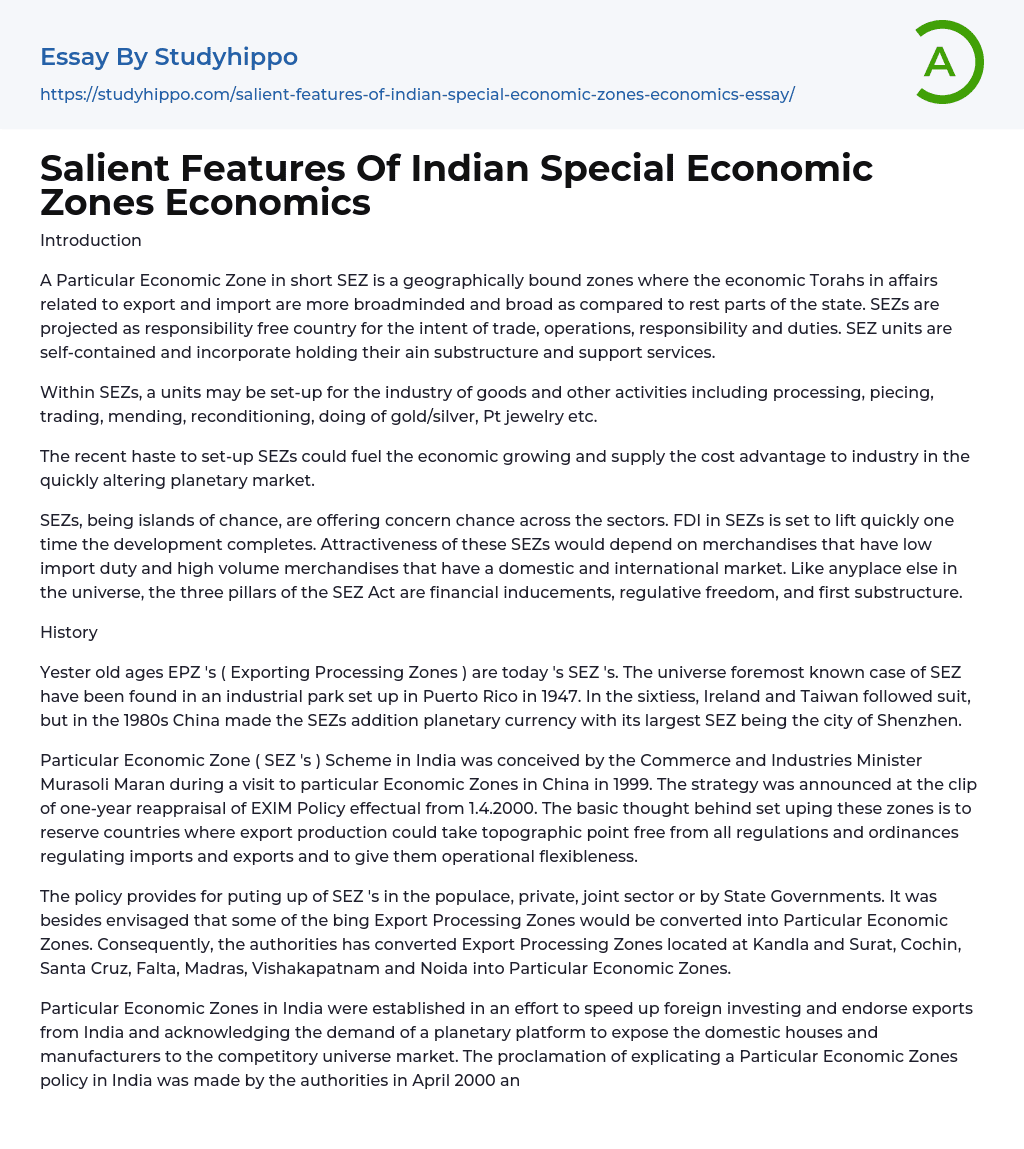 Salient Features Of Indian Special Economic Zones Economics Essay 