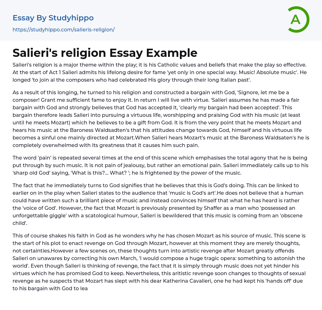Salieri’s religion Essay Example