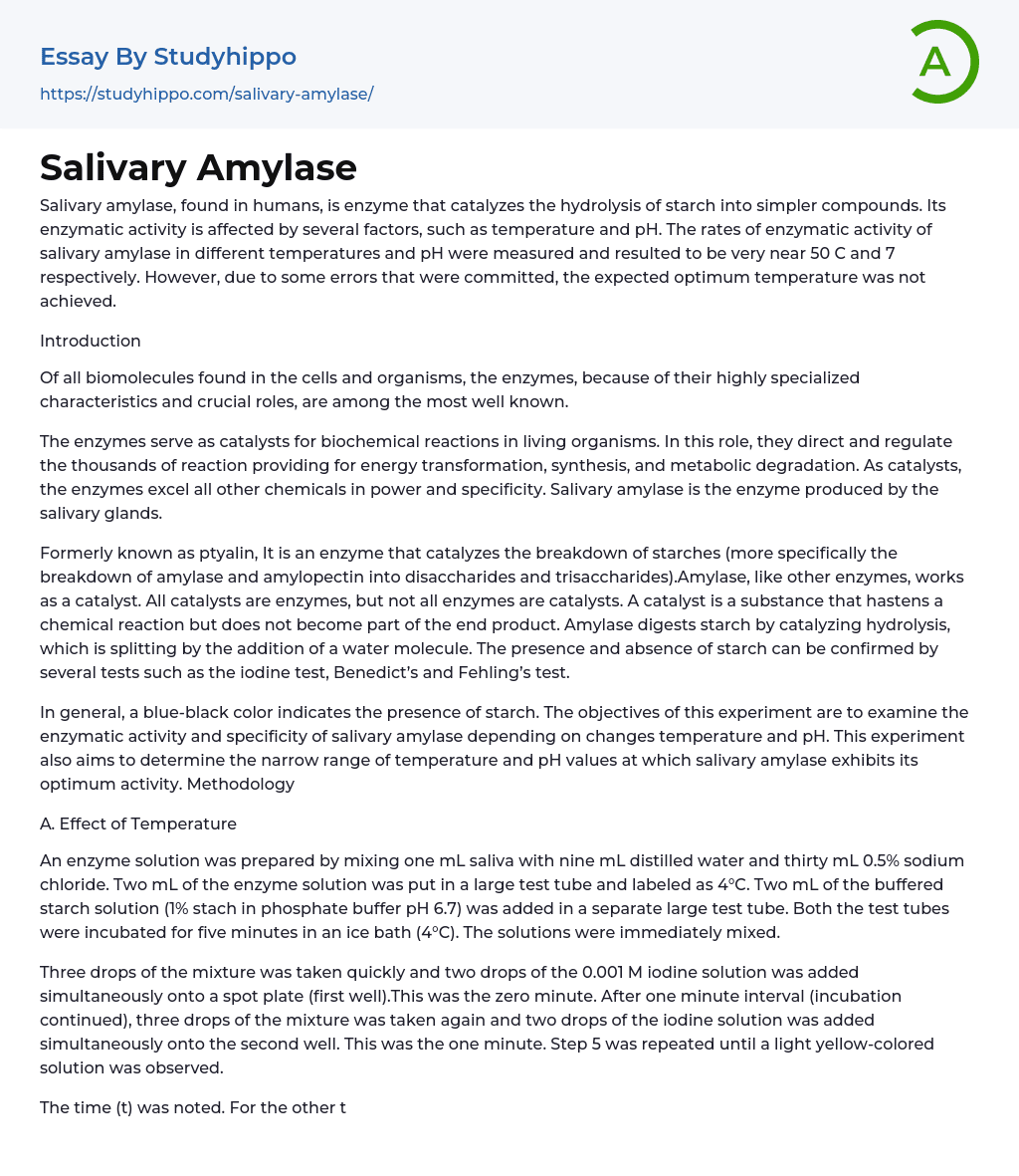 Salivary Amylase Essay Example
