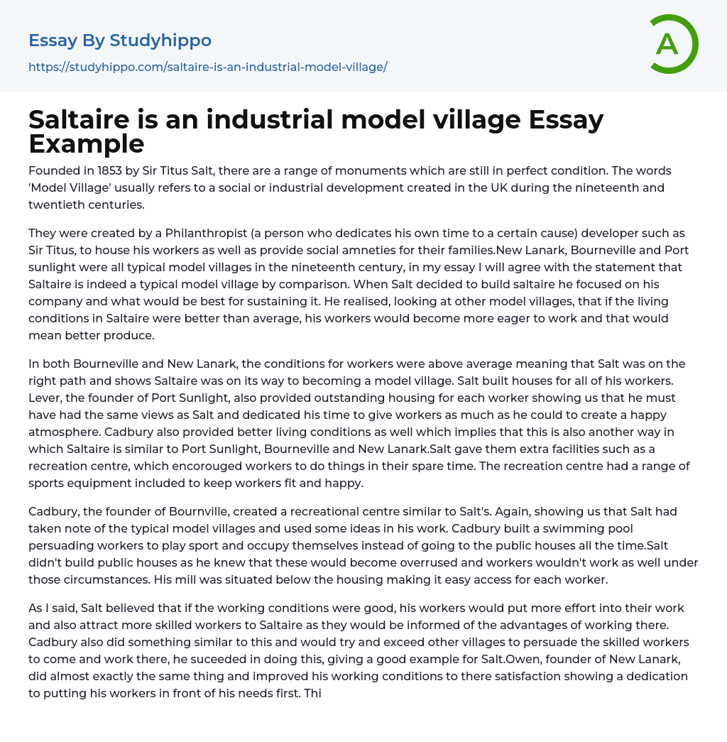 Saltaire is an industrial model village Essay Example