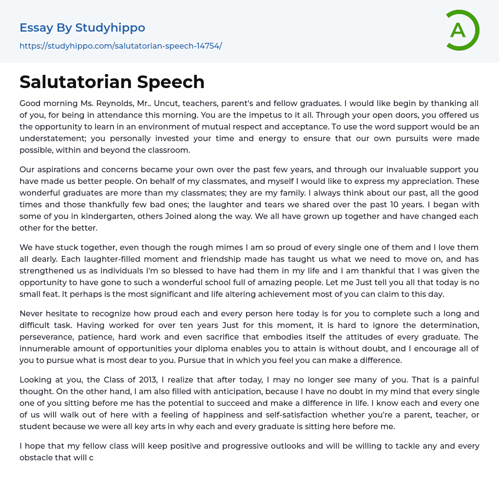 Salutatorian Speech Essay Example
