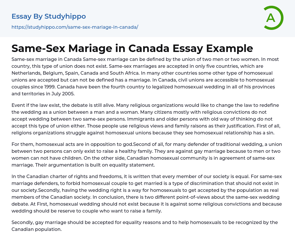 Same-Sex Mariage in Canada Essay Example