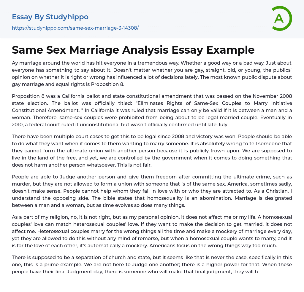 Same Sex Marriage Analysis Essay Example