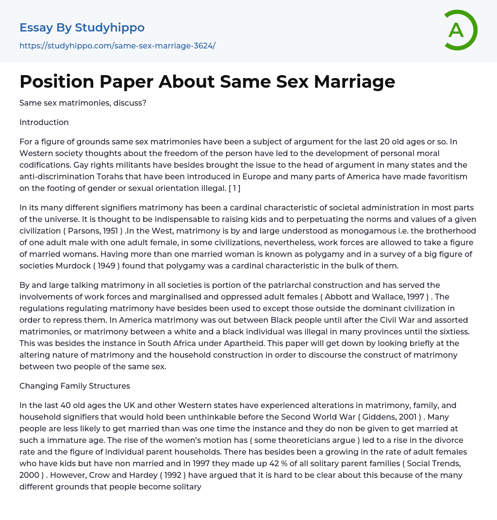 Position Paper About Same Sex Marriage Essay Example